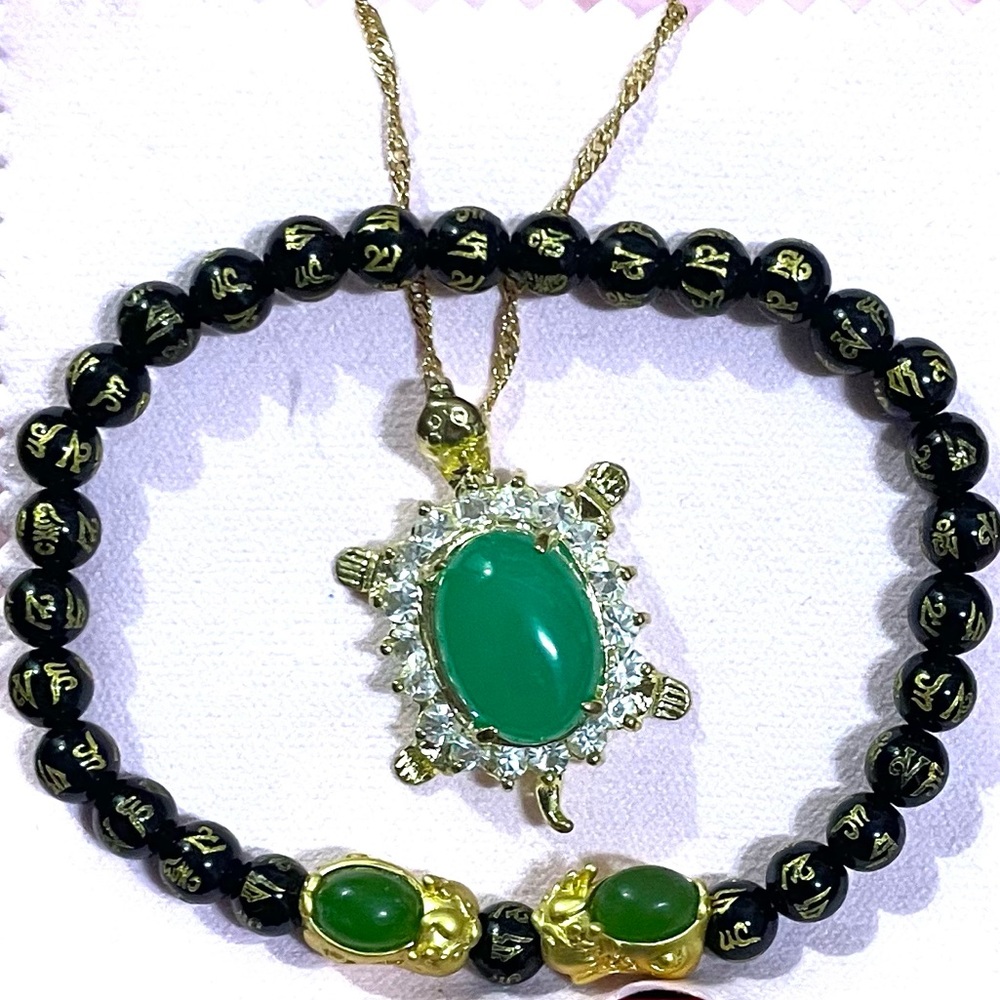24K Gold Dragon Pixiu Good Lucky Bracelet 18KGP Green Jade Turtle Necklace Set